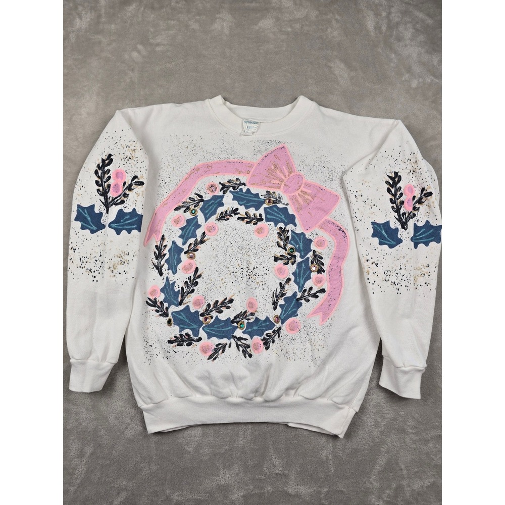 India Ink Sweatshirt Women OS White Hand Painted Christmas Wreath Glitter Jewel